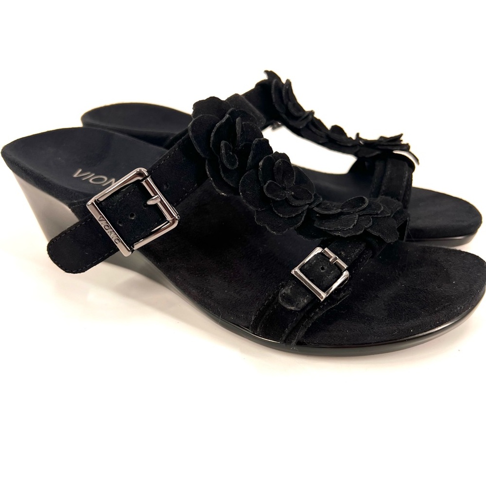 Vionic Clay Black Floral Suede Slip On Ortho Wedge T-Strap Sandals Women’s SZ 6